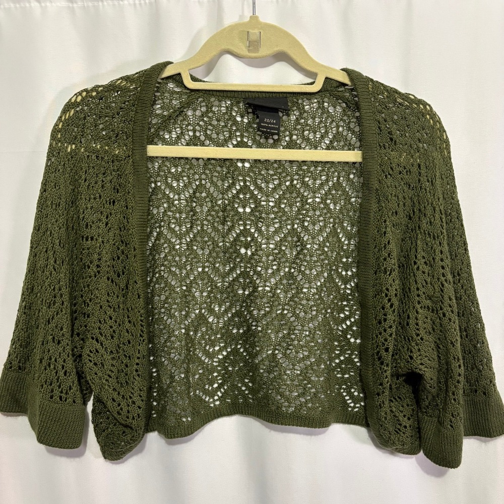Lane Bryant Olive Green Crochet Knit Cropped Cardigan Bolero Shrug Plus 22/24